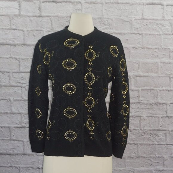 Vintage 50s Black Metallic Gold Embroidered Cardigan Sweater Medium - Picture 1 of 6